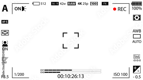 16:9 photo of videocamera focusing screen isolated - digital, mirorless, DSLR, cameraphone. Viewfinder camera recording. 4K ready detailed templates. Vector PNG