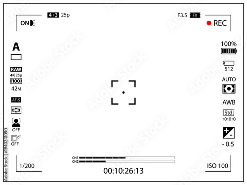 4:3 photo of videocamera focusing screen isolated - digital, mirorless, DSLR, cameraphone. Viewfinder camera recording. 4K ready detailed templates. Vector PNG