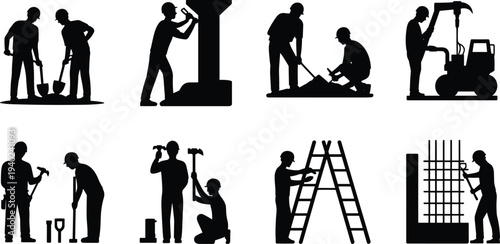 Construction worker silhouettes teamwork building ladder machinery tools set, builder laborer industrial workforce isolated black silhouette collection concept