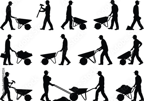Construction worker silhouettes pushing wheelbarrow carrying materials tools, builder laborer transport work set isolated black silhouette