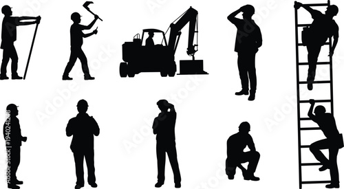 Construction worker silhouettes with excavator ladder hammer tools, builder laborer industrial construction workforce collection isolated black silhouette