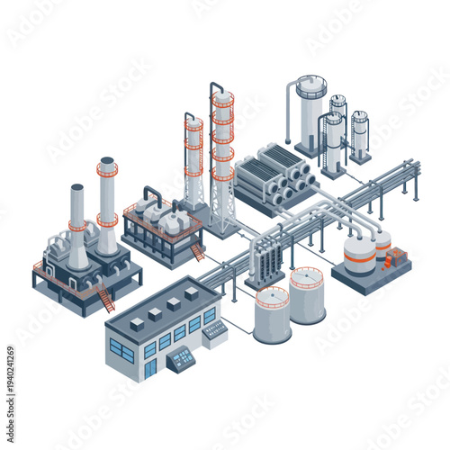 Industrial Chemical Plant Complex with Towers and Pipelines.