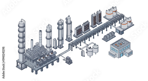 Industrial Chemical Plant Complex with Towers and Buildings.
