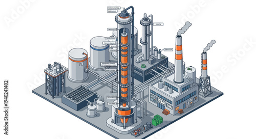 Industrial Chemical Plant with Distillation Column and Storage Tanks.