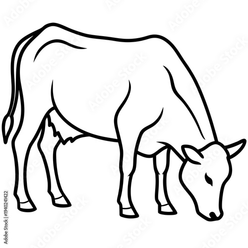 Line art of a cow grazing in the grass with its head bowed