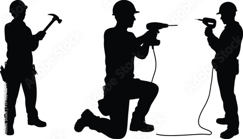 Construction worker silhouettes with hammer and drill tools, builder laborer working set, industrial construction concept isolated black silhouette