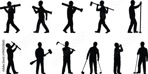 Construction worker silhouettes with hammer tools carrying pipes, builder laborer set, industrial workers collection isolated black silhouette engineering concept