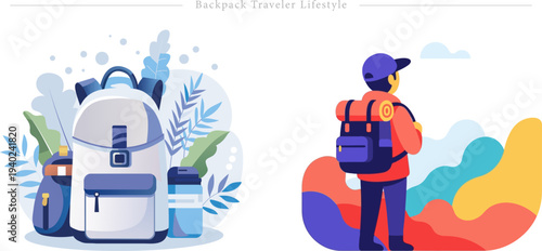 Backpack Traveler Lifestyle Flat Vector Solo Adventure Minimalist Travel Illustration