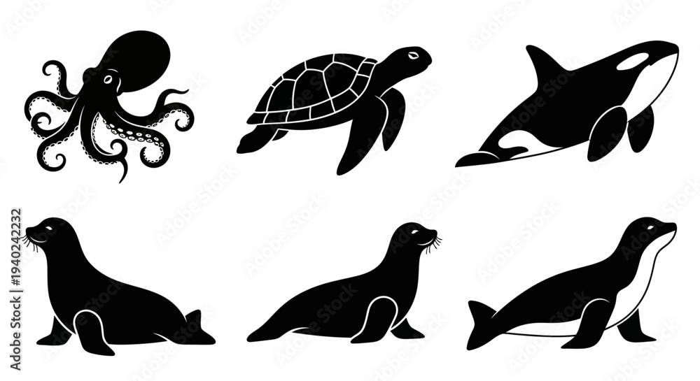 Obraz premium Ocean Animals Silhouettes Collection: Octopus, Sea Turtle, Orca, and Seals Icons