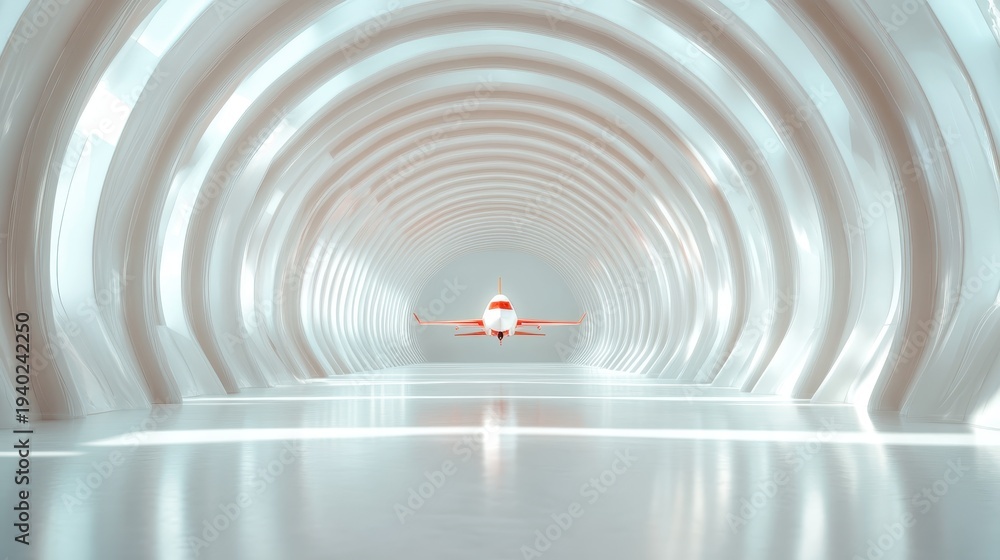 Obraz premium A modern, spacious airport hangar featuring a sleek aircraft at the center, illuminated by soft, ambient lighting and enclosed within a futuristic architectural design.