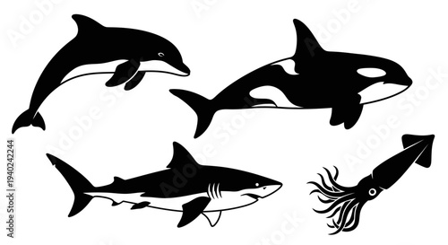 Oceanic Creatures Silhouettes: Dolphin, Orca, Shark, and Squid Vector Set