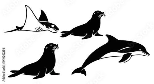 Ocean Wildlife Silhouettes: Manta Ray, Sea Lions, and Dolphin Vector Set