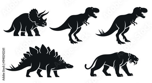 Prehistoric Animal Silhouettes Collection: Dinosaurs and Saber-toothed Tiger Icons