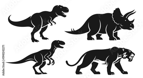 Prehistoric Animal Silhouettes: Dinosaur and Ice Age Creature Vector Set