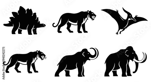 Prehistoric Animal Silhouettes Collection: Stegosaurus, Saber-tooth Tiger, Mammoth, Pterodactyl