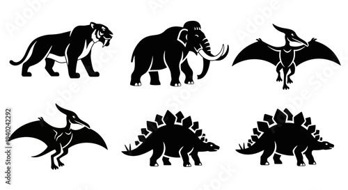 Prehistoric Animal Silhouettes: Dinosaurs, Mammoth, and Saber-toothed Tiger Icons