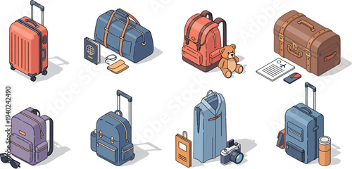 Isometric Travel Luggage and Accessories Collection for Vacation and Journey Planning