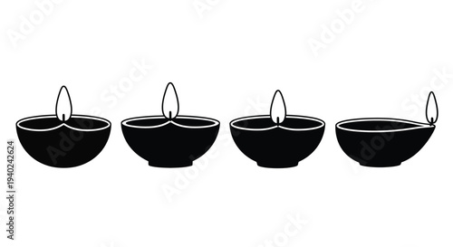 Four traditional oil lamps arranged in a row black silhouette