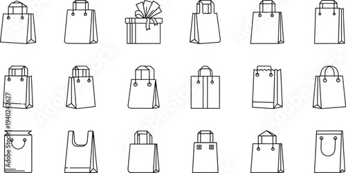 Collection of diverse line art shopping bags and gift box icons on white background