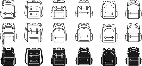 Collection of various backpack icons in outline and solid silhouette styles, perfect for design projects.
