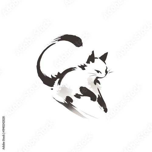 筆で描かれた猫の墨絵イラスト・和風水墨画の動物アート素材