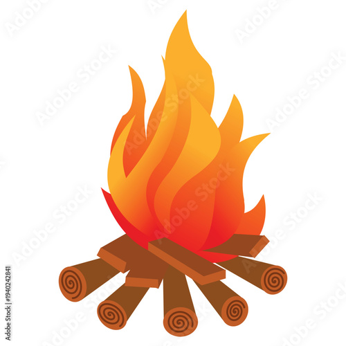 Vibrant campfire vector illustration with glowing orange flames and burning wood logs for summer camping and hiking trip