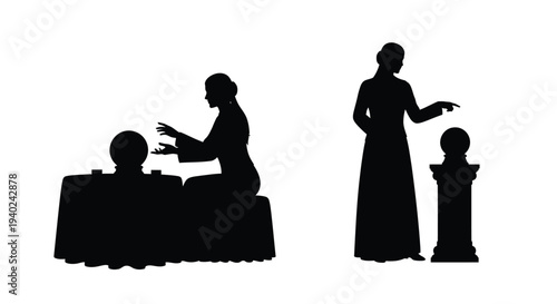 Two women in period dress converse near decorative spheres silhouette