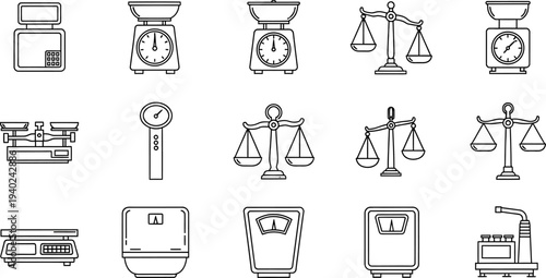 Diverse collection of weighing scales and balances vector icons, illustrating measurement tools.