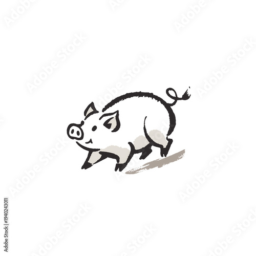 筆で描かれた豚の墨絵イラスト・和風水墨画の動物アート素材