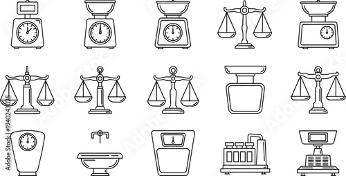 Diverse Collection of Weighing Scales Outline Vector Icons for Measurement