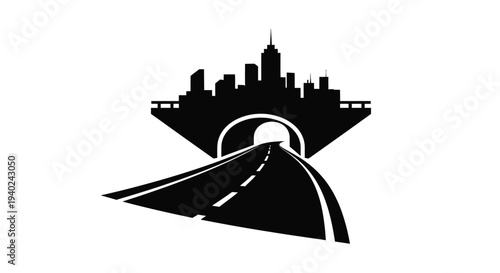 Road leading towards a city skyline under an arched bridge silhouette