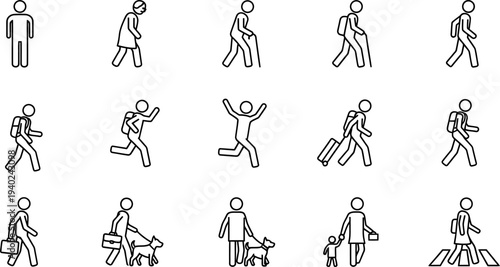 Diverse Stick Figure Icons Representing Various Human Walking and Movement Actions