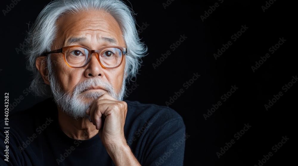 Naklejka premium A close-up of a contemplative older man resting his chin on his hand, portraying wisdom and deep thought, set against a dark background that enhances his reflective nature.