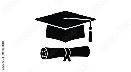 Graduation cap and diploma displayed as a striking black silhouette