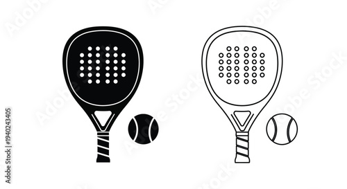 Two padel rackets and balls depicted in a striking silhouette