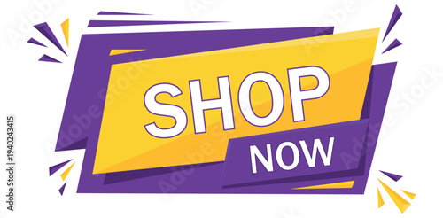 Dynamic shop now banner for ecommerce sales promotions with yellow and purple graphics for marketing retail shopping ads