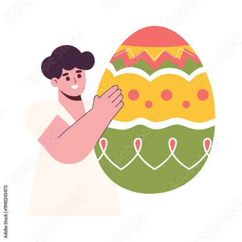 young man holds an Easter colored egg on an isolated background. vector illustration