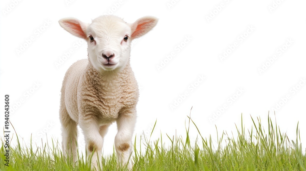 Fototapeta premium Lamb in Pasture: A charming lamb stands proudly on a patch of lush green grass, portraying innocence and serenity.