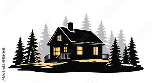 Cozy cabin nestled amongst trees a striking black silhouette
