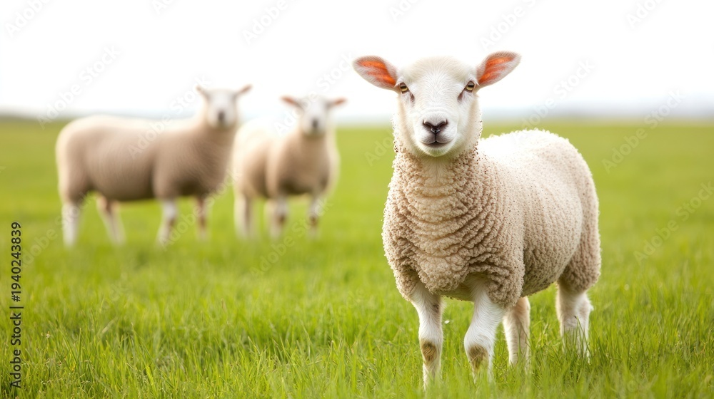 Obraz premium Sheep Grazing in Green Field: Three sheep stand peacefully in a vibrant green field, bathed in soft, natural light, exemplifying tranquility and the beauty of rural life.