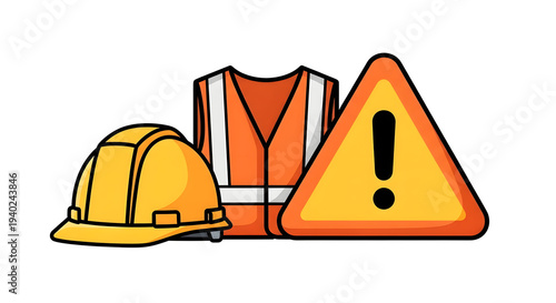 Construction safety equipment with hard hat and warning sign