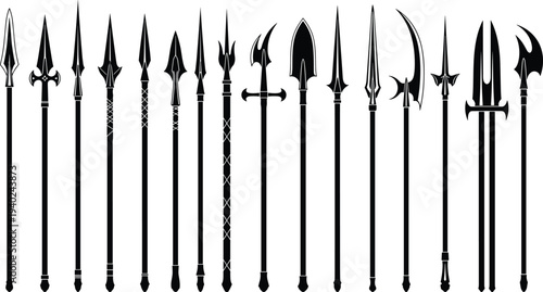 WebAncient medieval polearm and spear silhouettes collection featuring halberds, pikes, and lances for historical warfare, fantasy weapon, and combat vector.