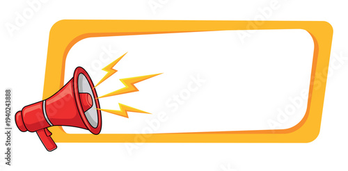 Red megaphone with yellow lightning bolts and empty banner frame for digital marketing and news promotion ads to use now