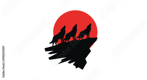 Three wolves howling at a red moon dramatic landscape silhouette