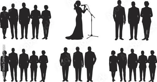 Business people and singer silhouettes collection, professional team groups and female vocalist with microphone performing, isolated corporate and music performance figures set