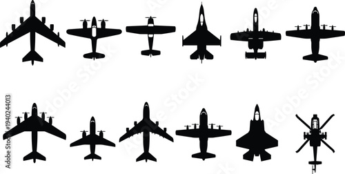 WebBlack airplane silhouettes set, featuring commercial jetliners, military fighter jets, private prop planes, helicopters, and transport aircraft for aviation design.