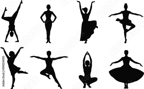 Ballet dancer silhouettes collection performing elegant dance poses, classical ballet movement figures isolated on white background for performance, choreography and dance design