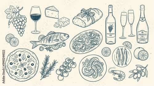 A collection of food and drink items including wine, seafood, cheese, and various dishes, beautifully illustrated in a simple line drawing style on a cream background.
