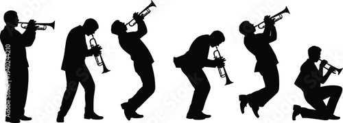Set of jazz trumpet player silhouettes in dynamic poses, musician performing, standing, kneeling, jumping, playing brass instrument, isolated black figures for music design