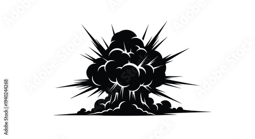 A dramatic explosion depicted in stark black sharp silhouette